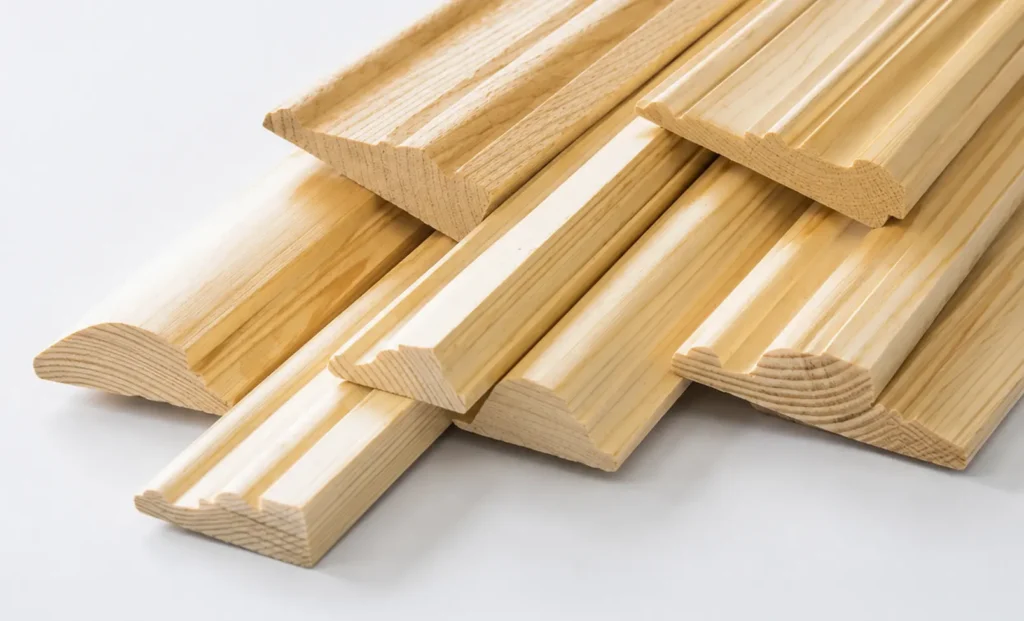 Assorted decorative timber moulding profiles displayed on a light studio background