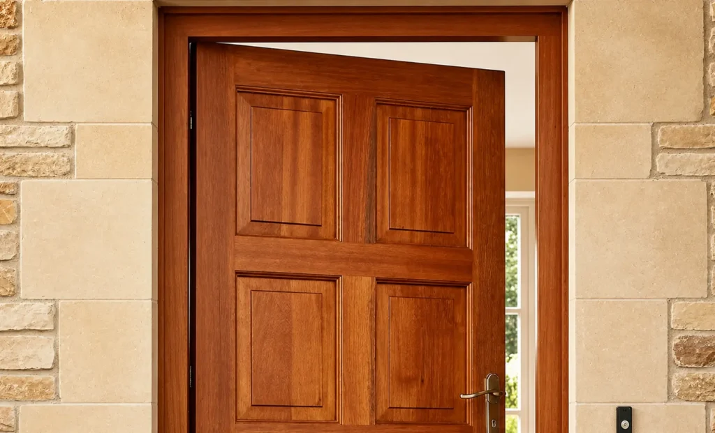 Semi-exterior timber entrance door with four raised panels and timber frame