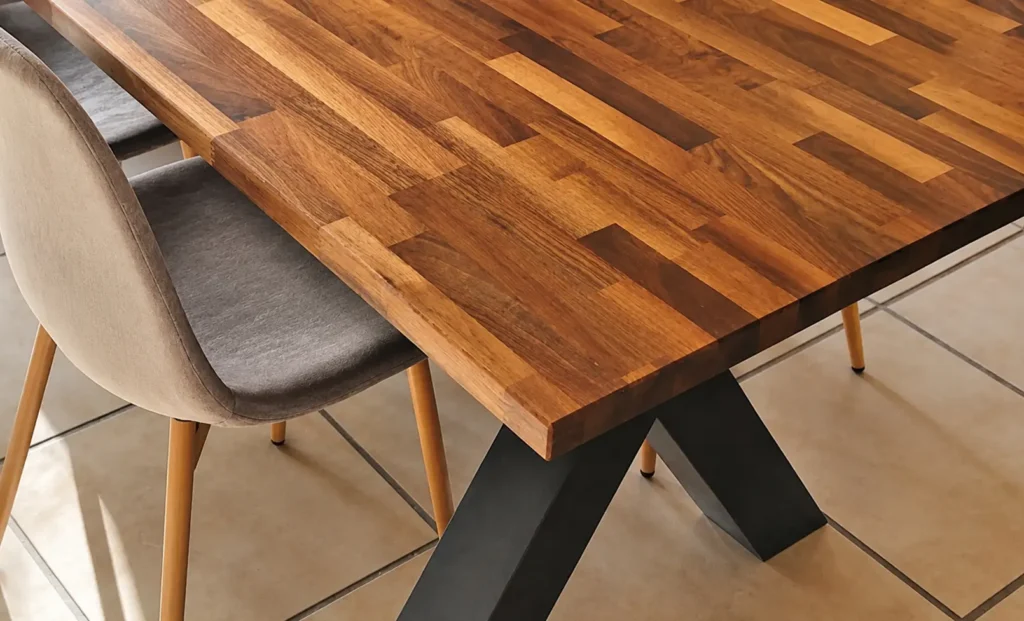 Laminated timber worktop with natural wood grain and contrasting timber tones